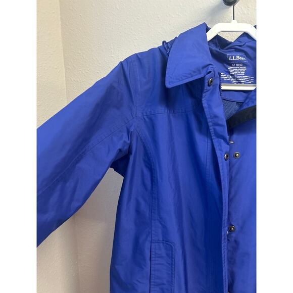 LL Bean Blue Hooded Long length button up lined Rain Coat Jacket pockets Size M - Picture 5 of 8